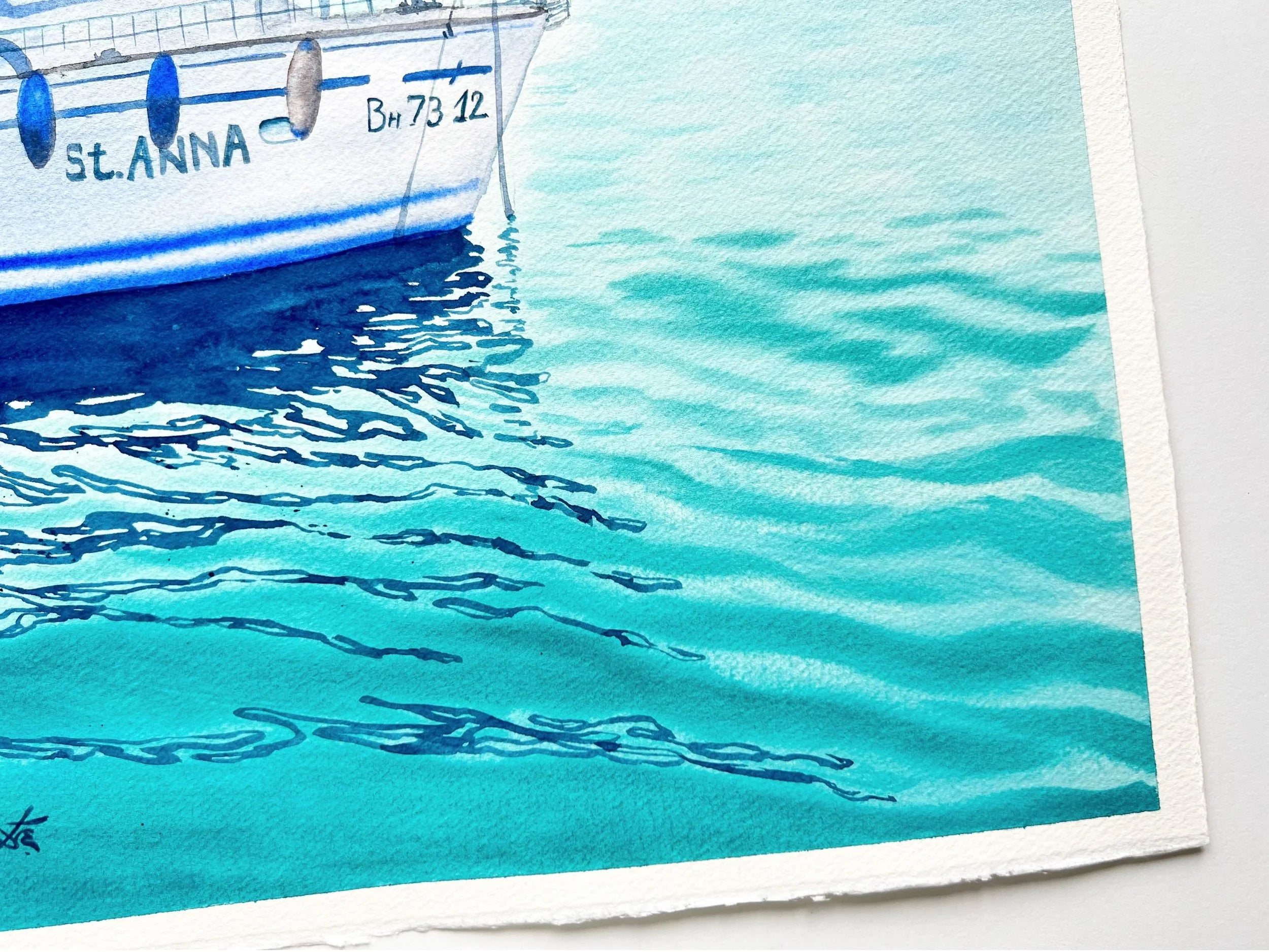 St. Anna - Original Watercolor Painting of a Blue Sailboat