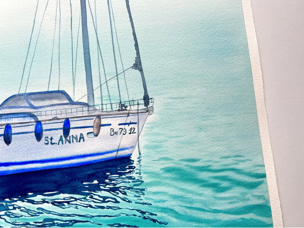 St. Anna - Original Watercolor Painting of a Blue Sailboat
