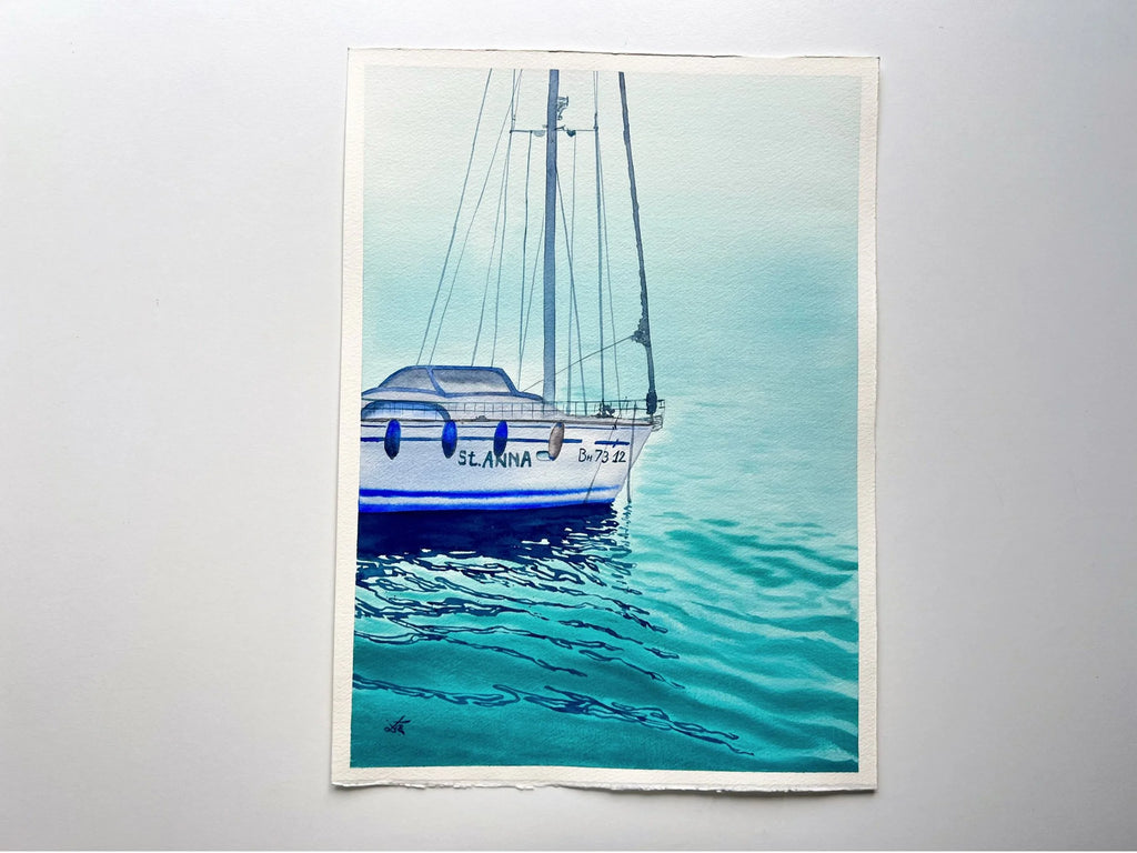 St. Anna - Original Watercolor Painting of a Blue Sailboat