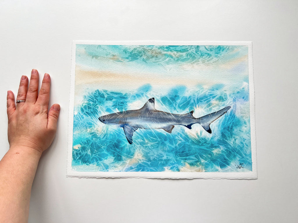 Sunlit Shark  - Original Watercolor Painting of a Blue Shark