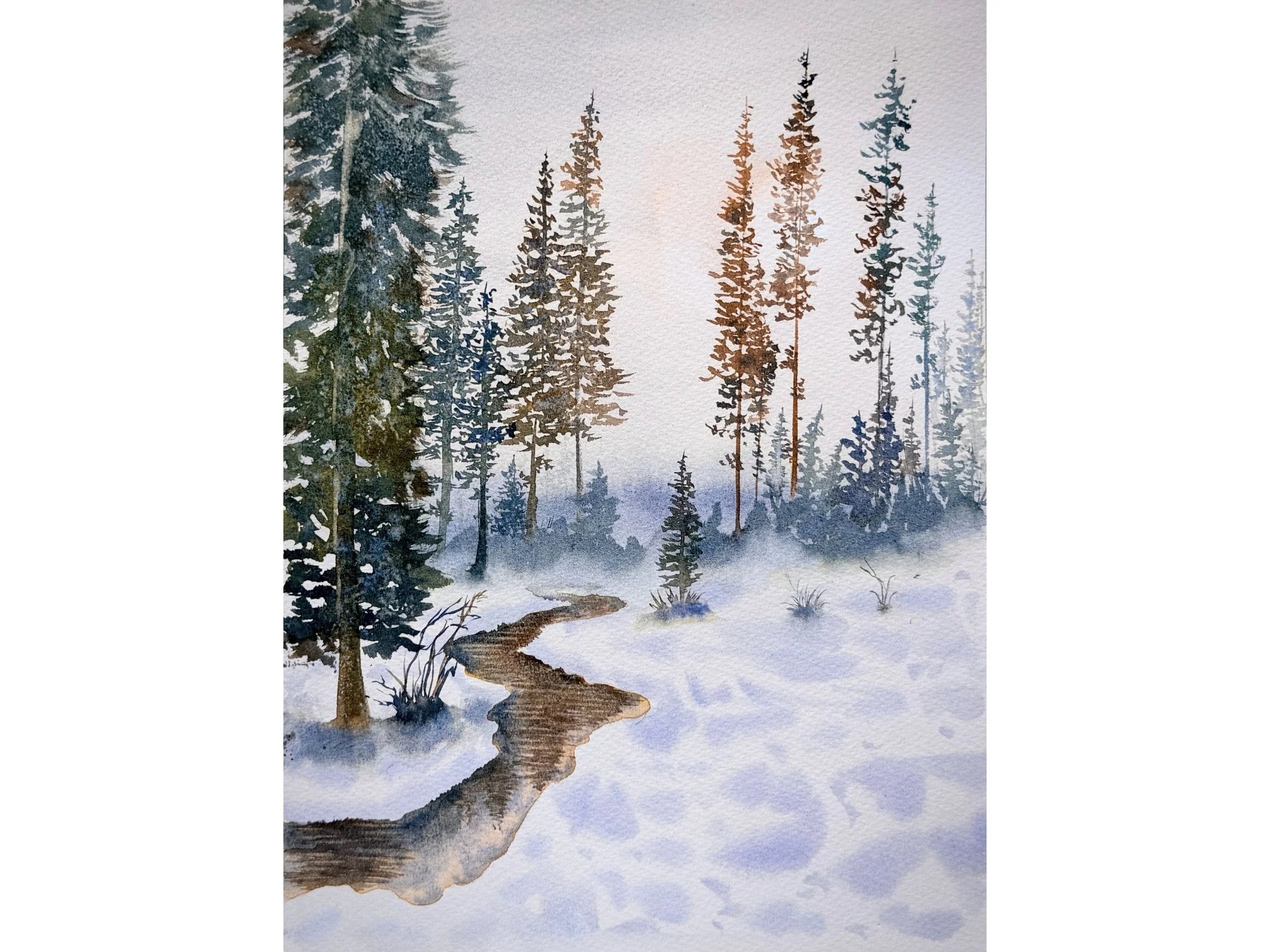 The Aroma of the Pine Trees - Original Watercolor Painting of Wintery Scene with Pine Trees