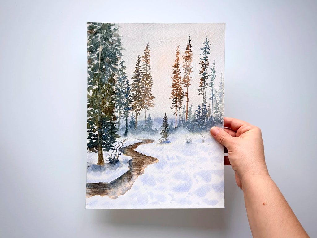 The Aroma of the Pine Trees - Original Watercolor Painting of Wintery Scene with Pine Trees