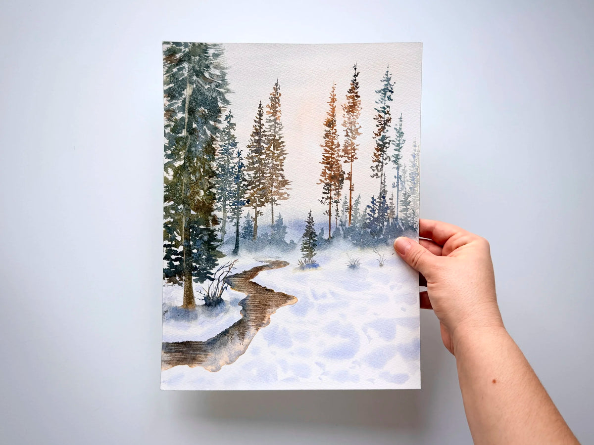 The Aroma of the Pine Trees - Original Watercolor Painting of Wintery Scene with Pine Trees