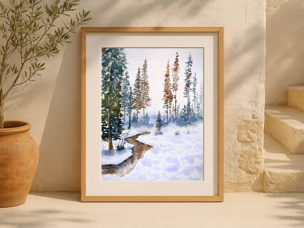 The Aroma of the Pine Trees - Original Watercolor Painting of Wintery Scene with Pine Trees
