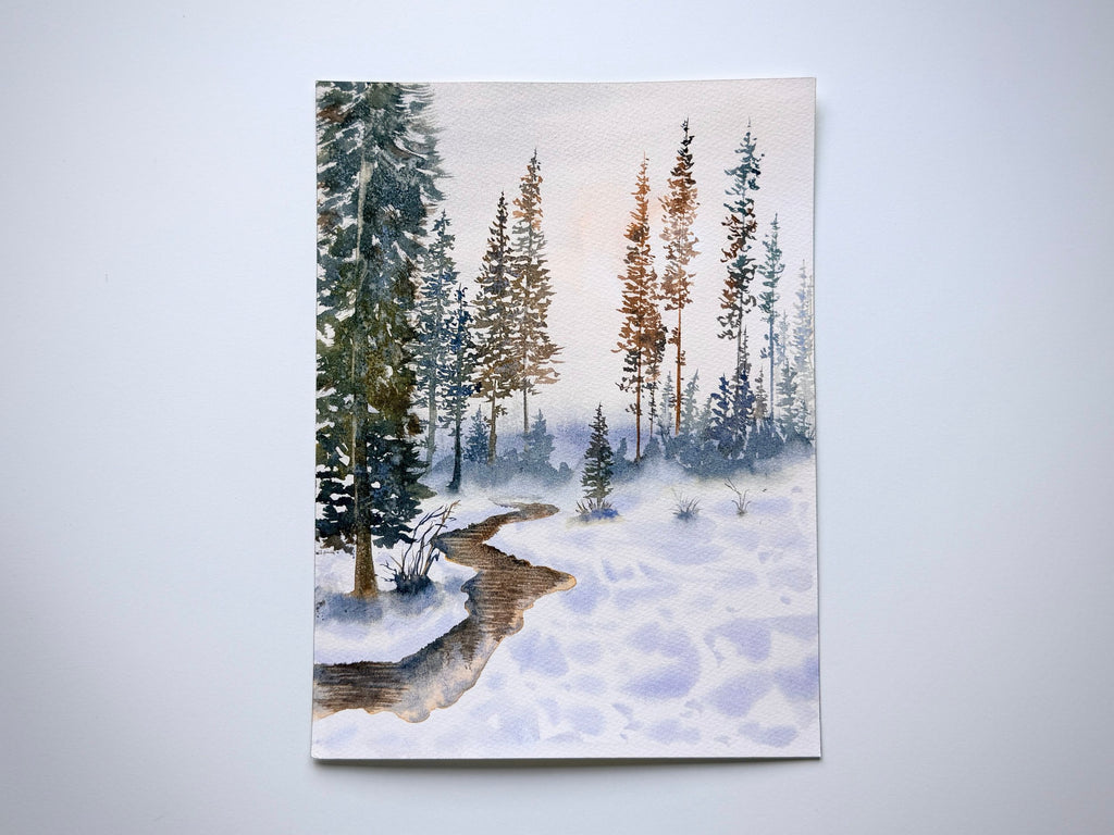 The Aroma of the Pine Trees - Original Watercolor Painting of Wintery Scene with Pine Trees