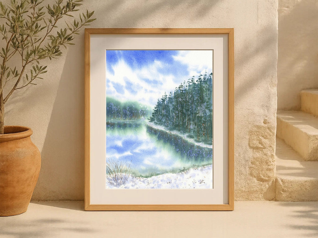 When the Snow Falls Down - Original Watercolor Painting of Wintery Scene with Pine Trees