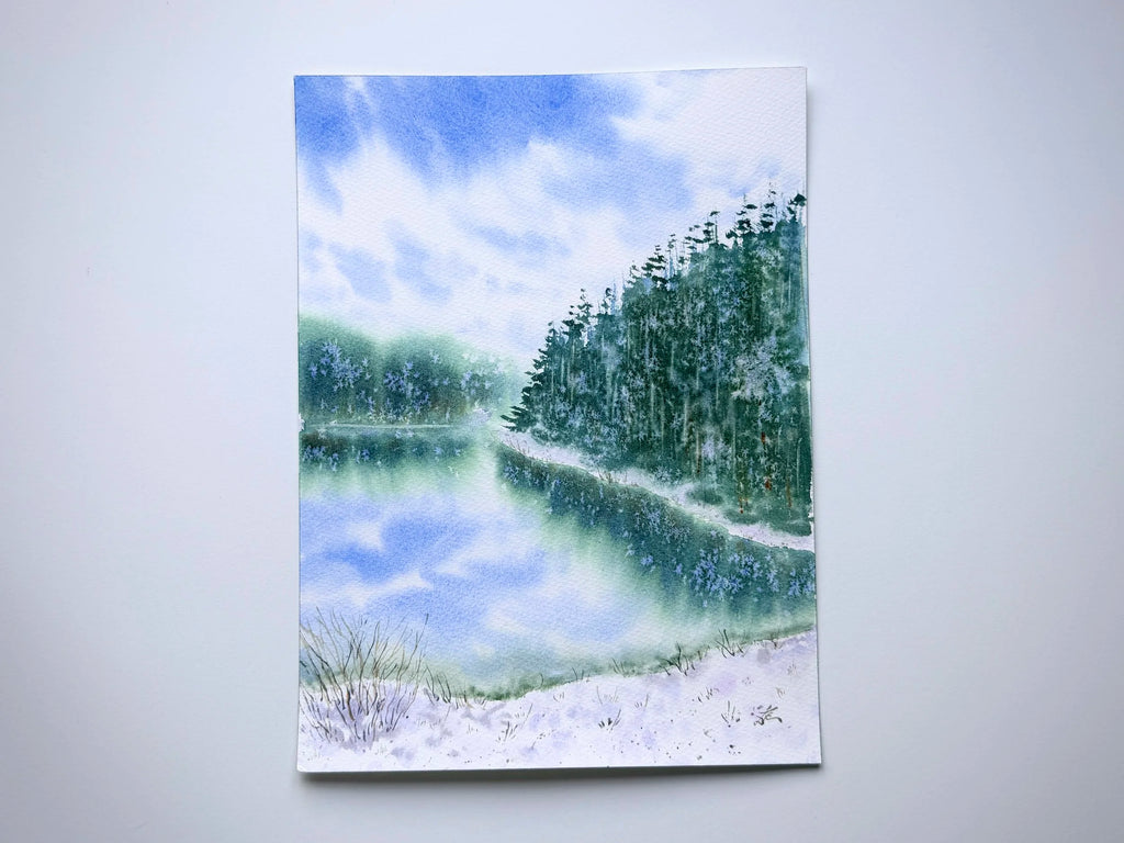 When the Snow Falls Down - Original Watercolor Painting of Wintery Scene with Pine Trees
