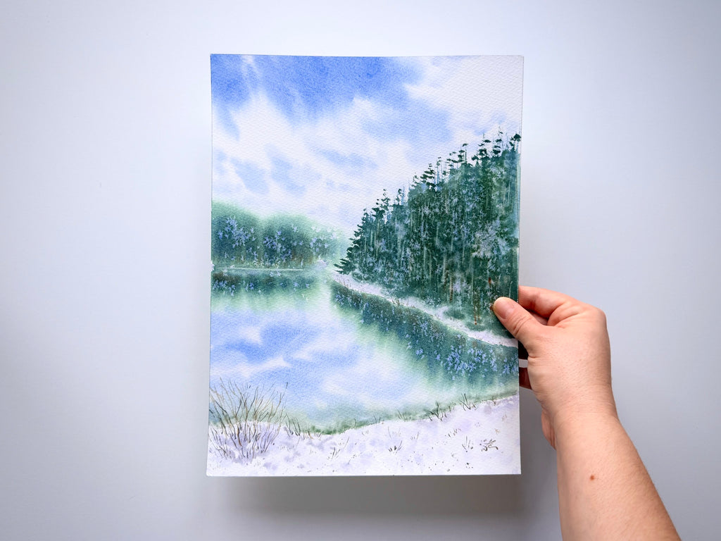 When the Snow Falls Down - Original Watercolor Painting of Wintery Scene with Pine Trees