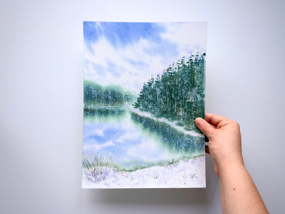 When the Snow Falls Down - Original Watercolor Painting of Wintery Scene with Pine Trees