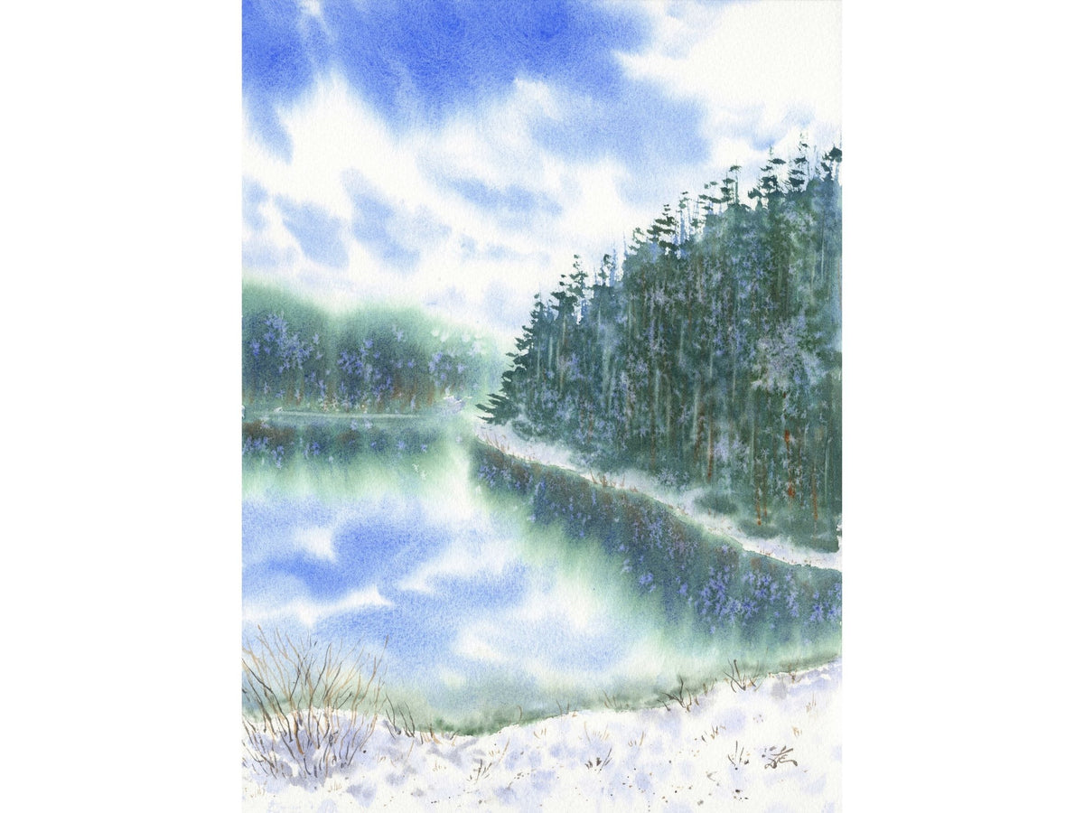 When the Snow Falls Down - Original Watercolor Painting of Wintery Scene with Pine Trees
