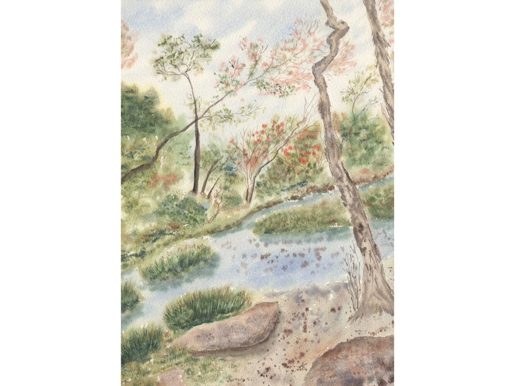 Woodland Landscape with Gentle Stream and Trees - Art Print
