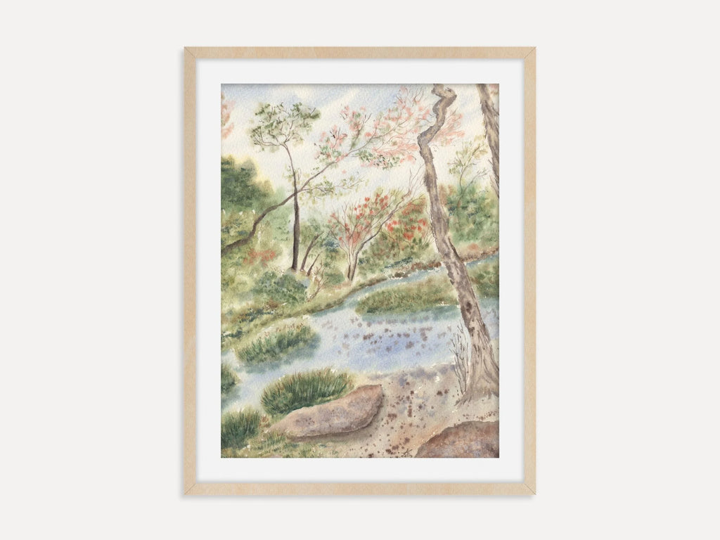Woodland Landscape with Gentle Stream and Trees - Art Print
