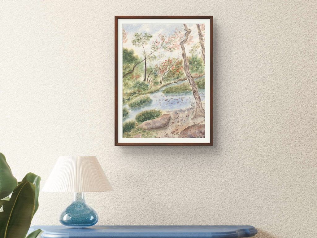 Woodland Landscape with Gentle Stream and Trees - Art Print