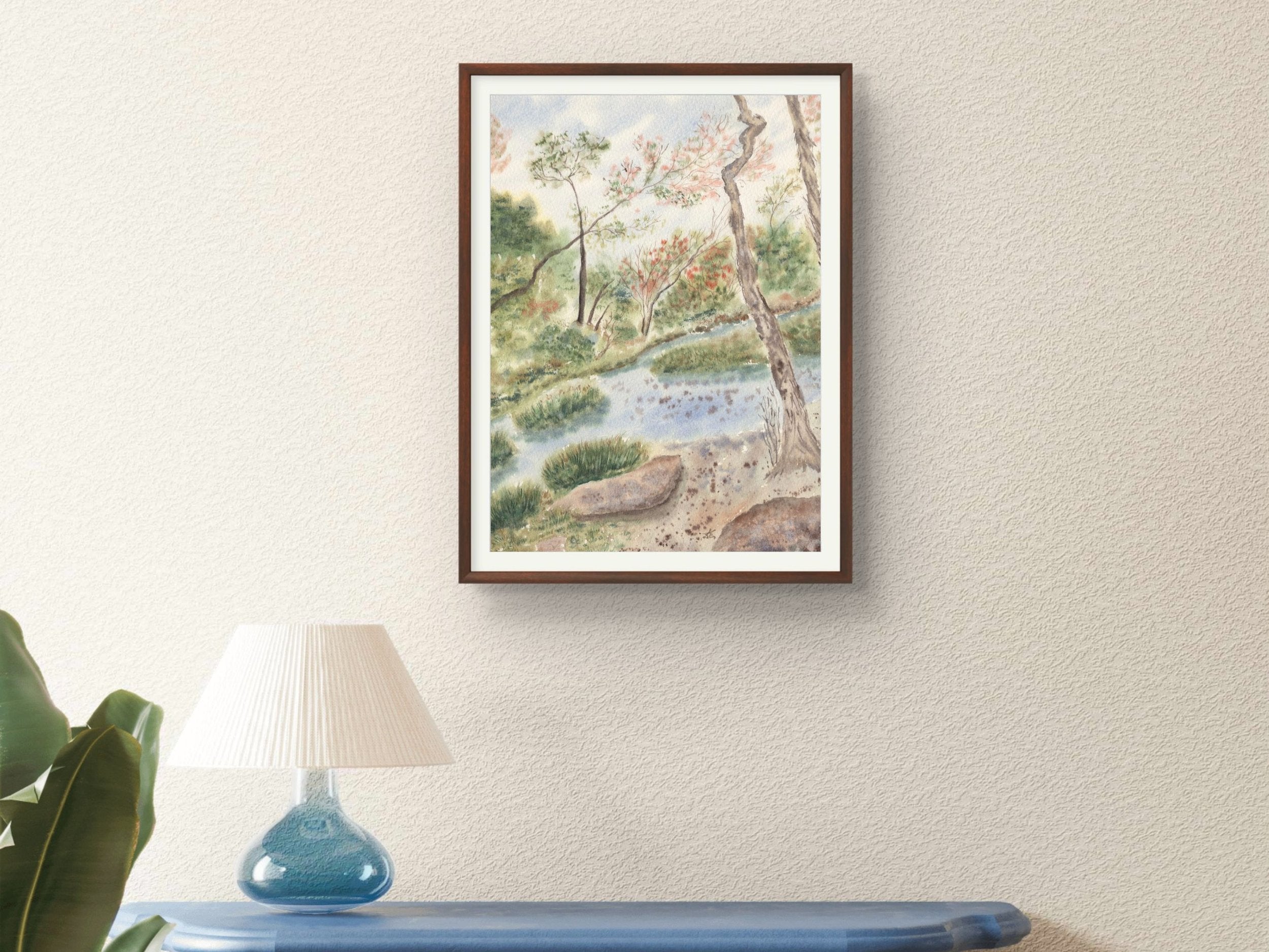 Woodland Landscape with Gentle Stream and Trees - Art Print
