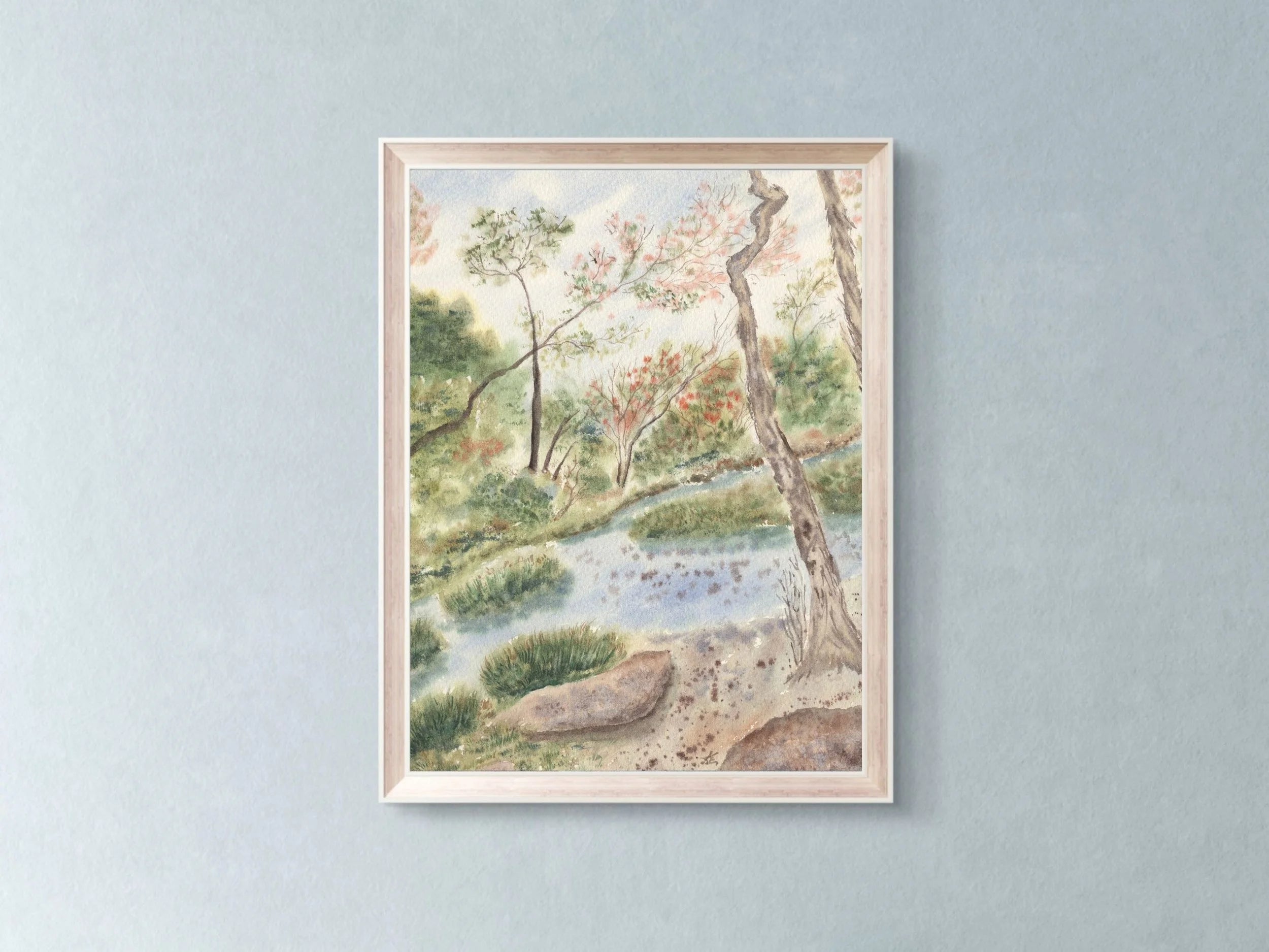 Woodland Landscape with Gentle Stream and Trees - Art Print