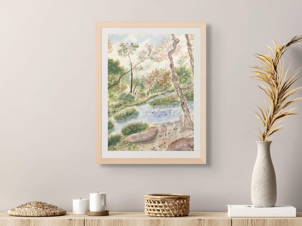 Woodland Landscape with Gentle Stream and Trees - Art Print