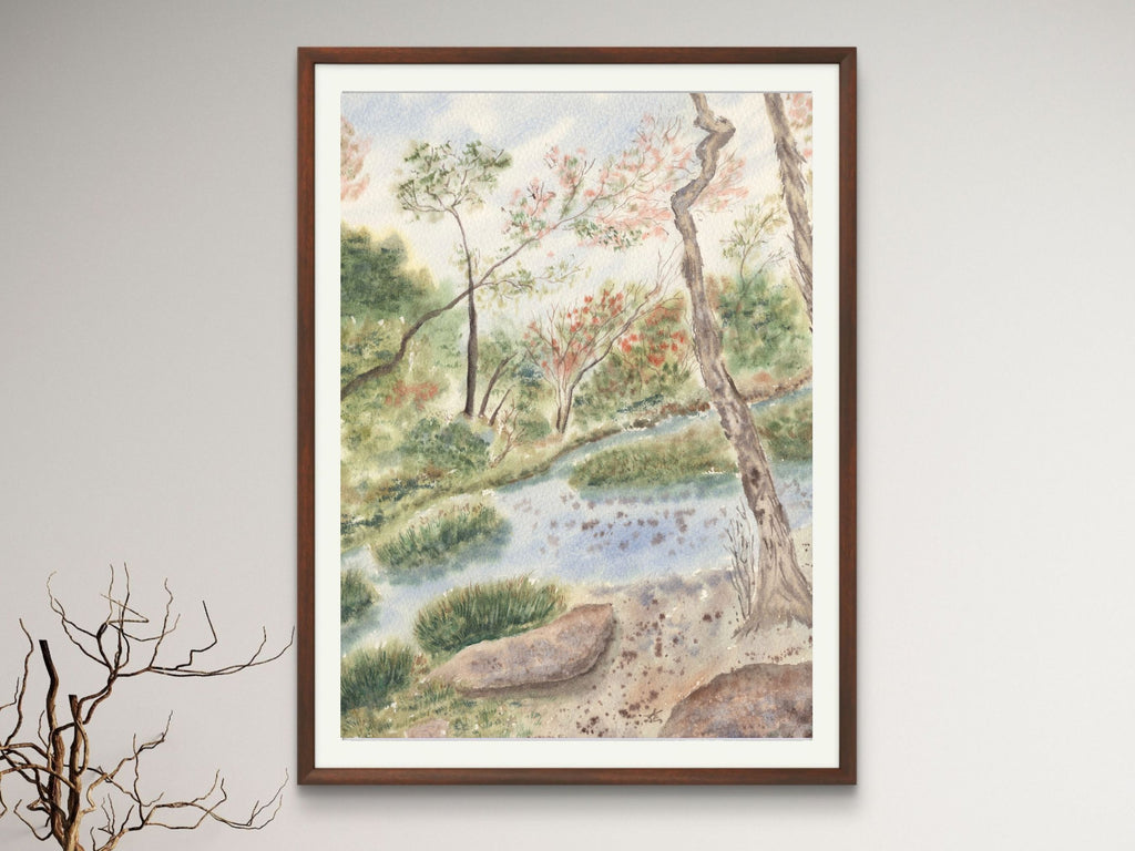 Woodland Landscape with Gentle Stream and Trees - Art Print