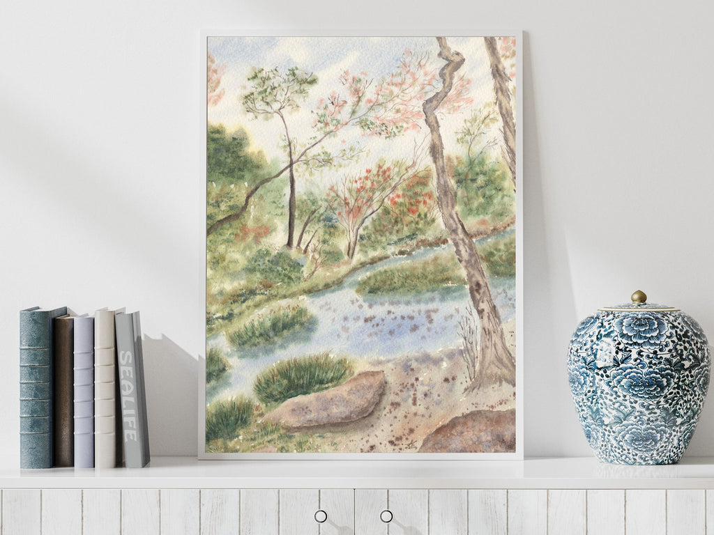 Woodland Landscape with Gentle Stream and Trees - Art Print