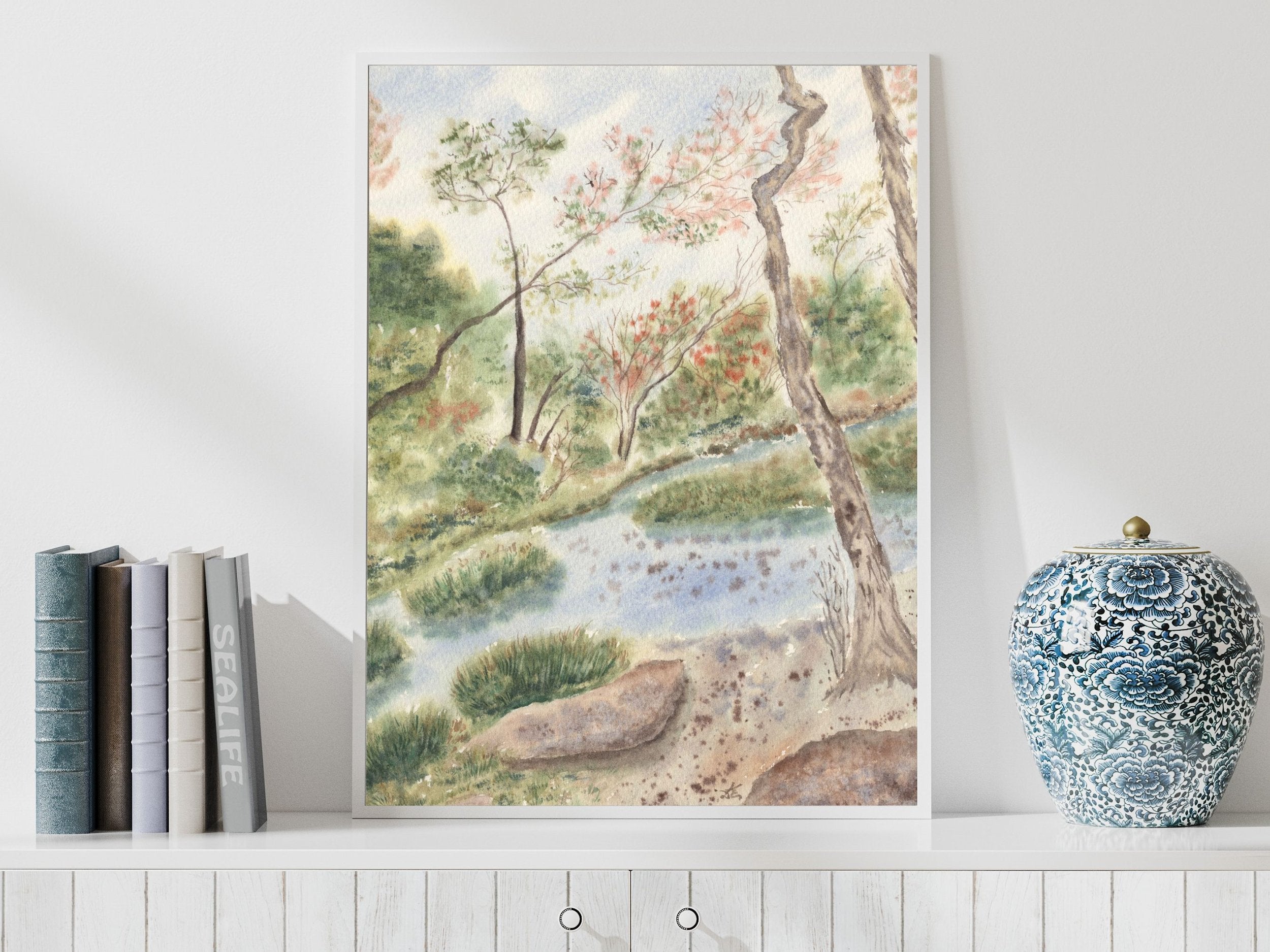 Woodland Landscape with Gentle Stream and Trees - Art Print