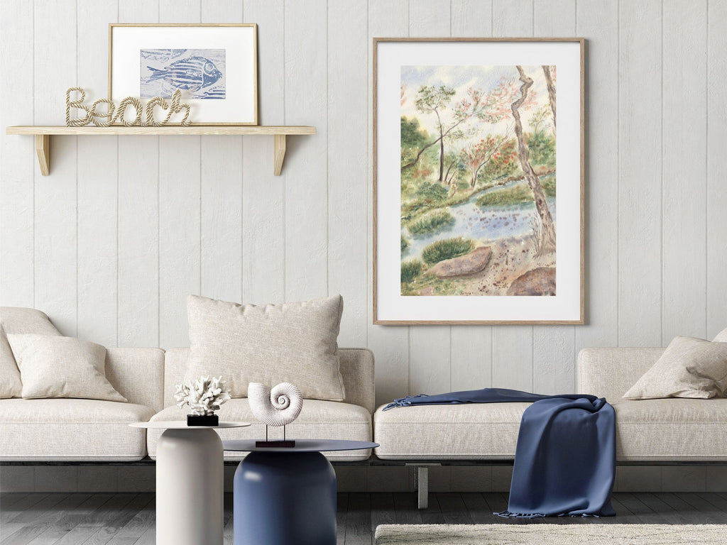 Woodland Landscape with Gentle Stream and Trees - Art Print
