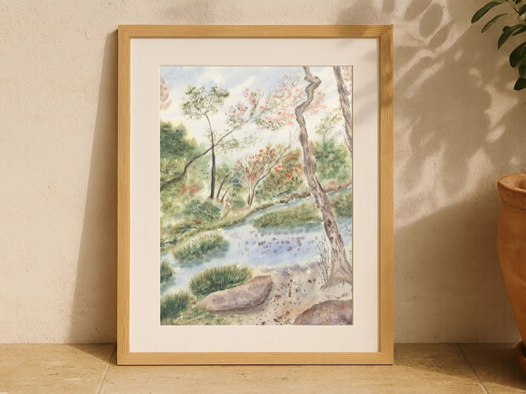Woodland Landscape with Gentle Stream and Trees - Art Print