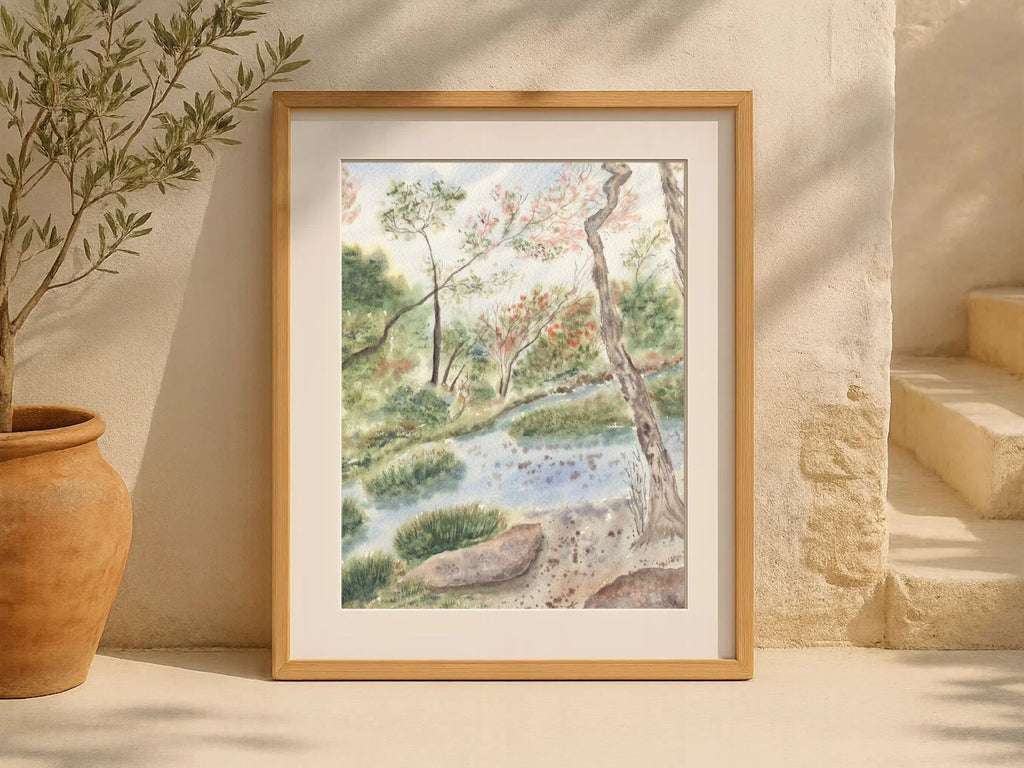 Woodland Landscape with Gentle Stream and Trees - Art Print