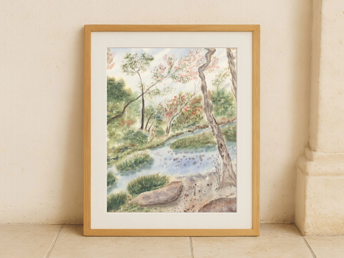Woodland Landscape with Gentle Stream and Trees - Art Print