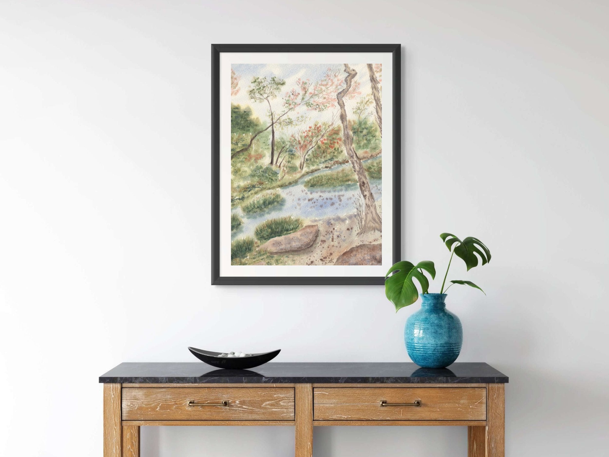 Woodland Landscape with Gentle Stream and Trees - Art Print
