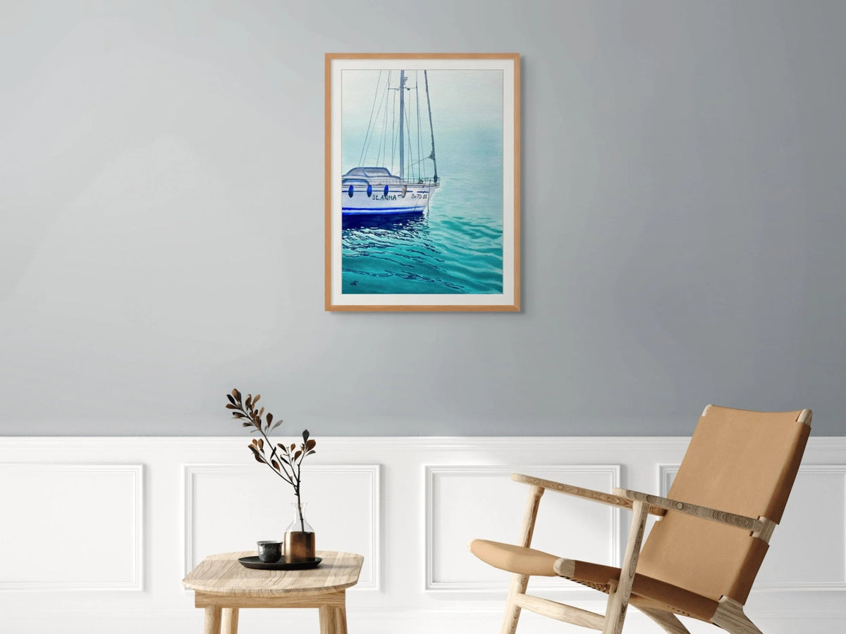 St. Anna - Original Watercolor Painting of a Blue Sailboat