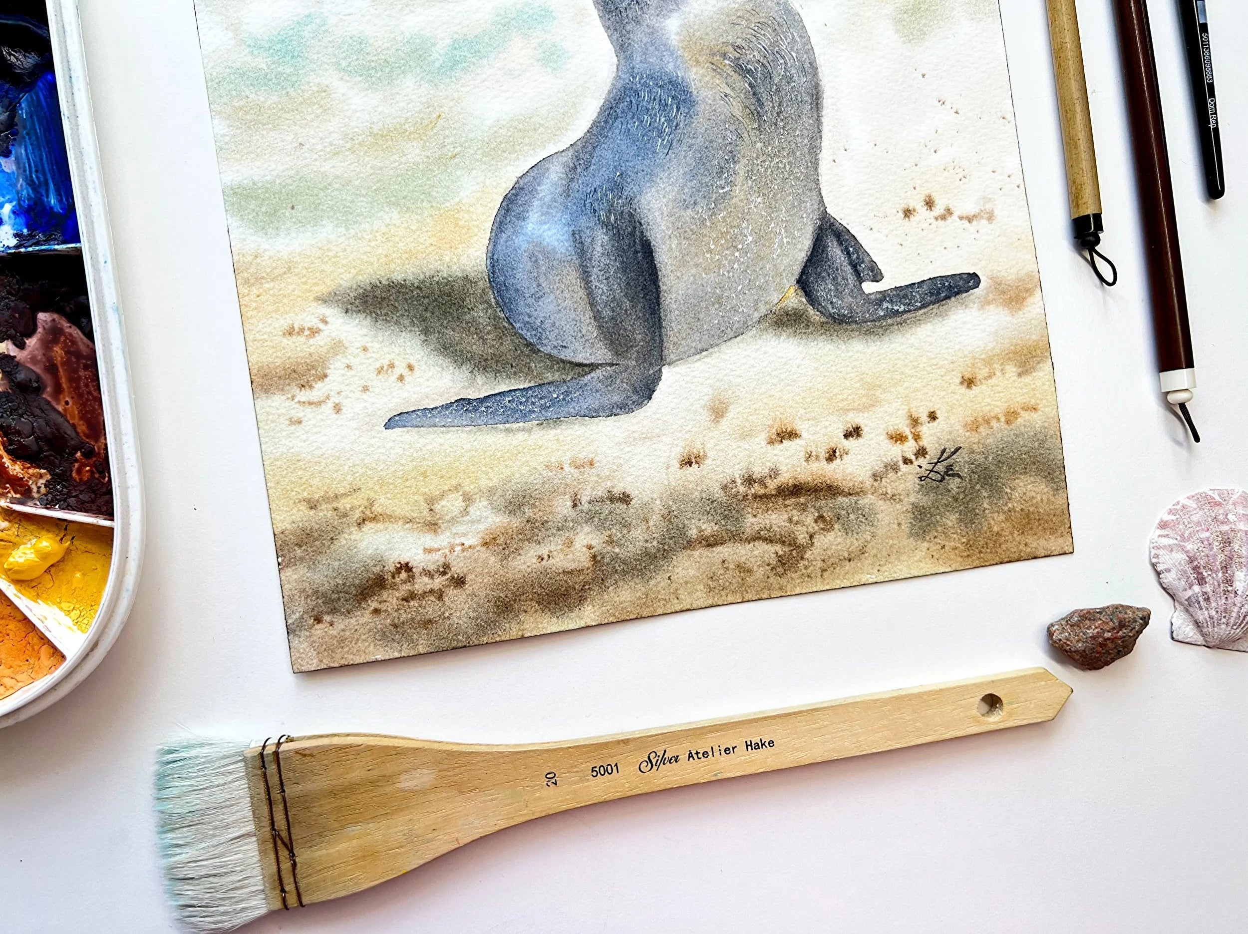 Sunbathing Seal  - Original Watercolor Painting
