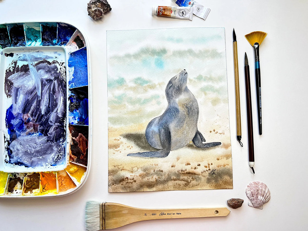Sunbathing Seal  - Original Watercolor Painting