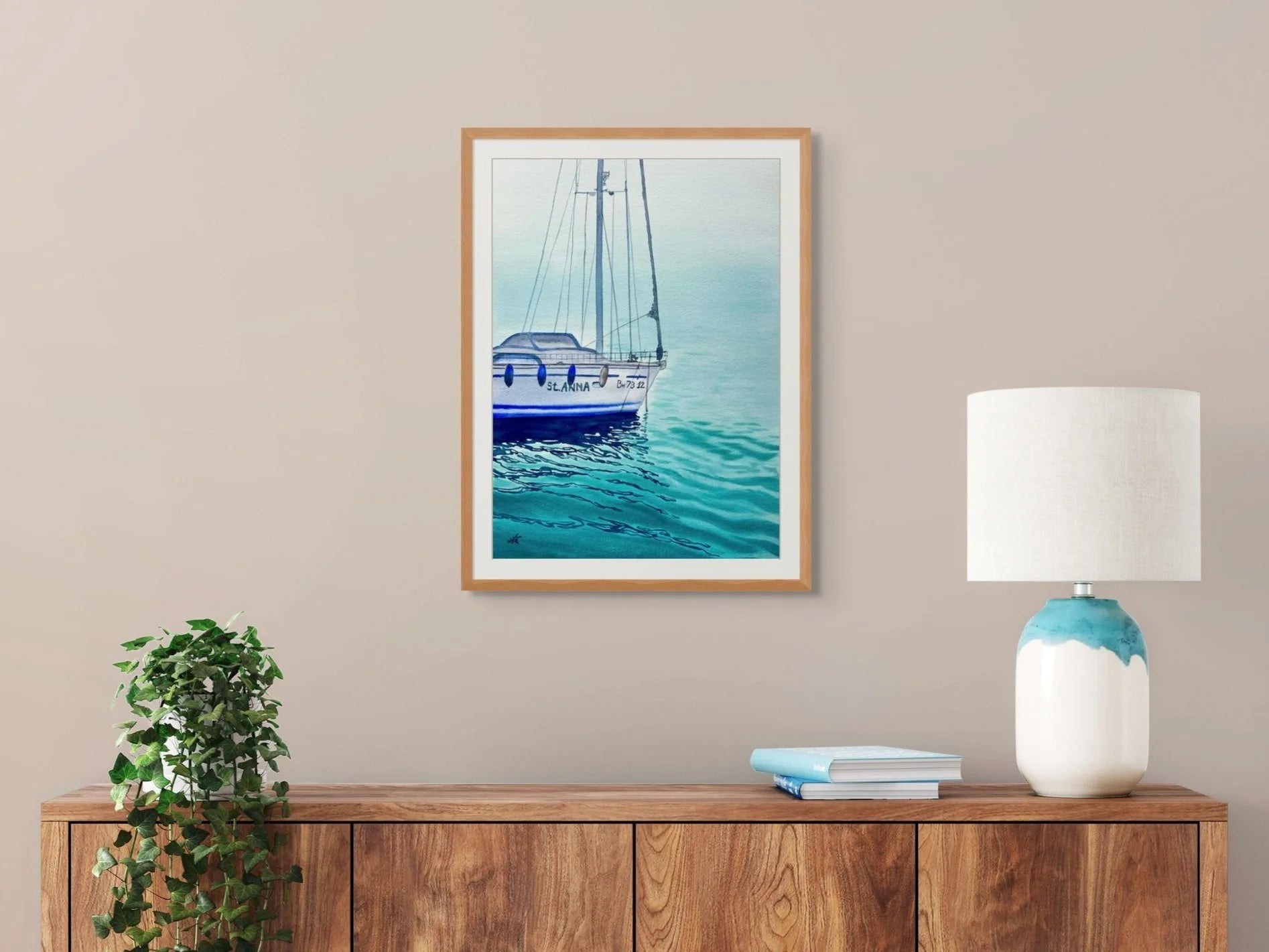 St. Anna - Original Watercolor Painting of a Blue Sailboat